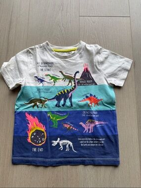 Mini Boden White Tee with Blue, Turquoise, Pink & Green Dinosaur Graphic
